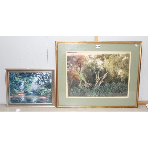 411A - Unsigned abstract oil on board of a woodland stream, London gallery stamp verso and a watercolour of... 