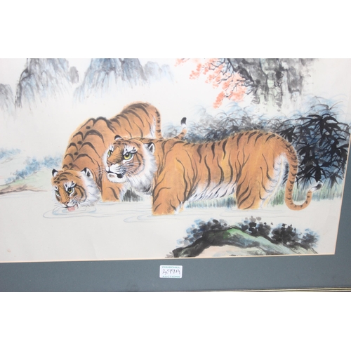 499A - Chinese watercolour of 2 tigers drinking from a river, approx. 83cm x 59cm