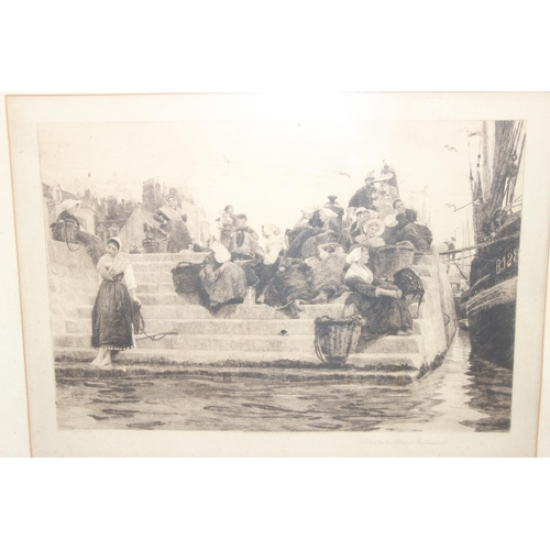 499B - Antique copper engraving of the fisherman's wife's waiting key side for the boats to return to shore... 