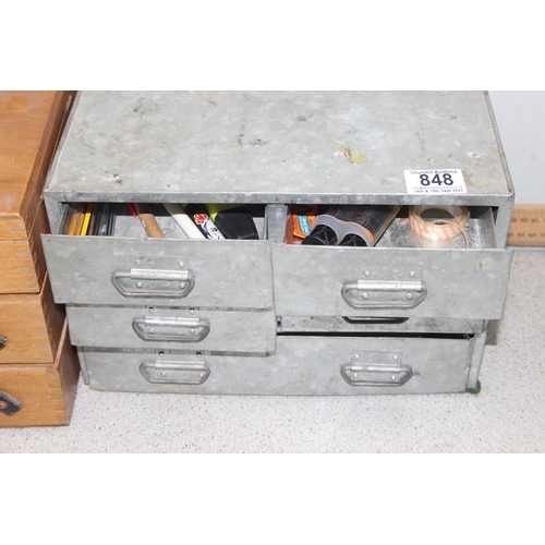 848 - Mixed lot to include 8 drawer galvanized multi-drawer, cantilever sewing box, cobblers last & a Stan... 