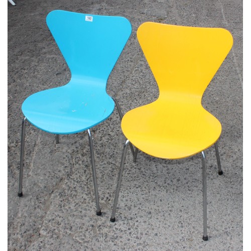 160 - 2 Arne Jacobsen 3107 style retro bentwood and chrome chairs, blue and yellow