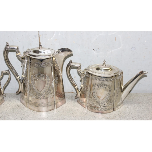 1004 - A Victorian silver plated 4 piece tea set with engraved decoration