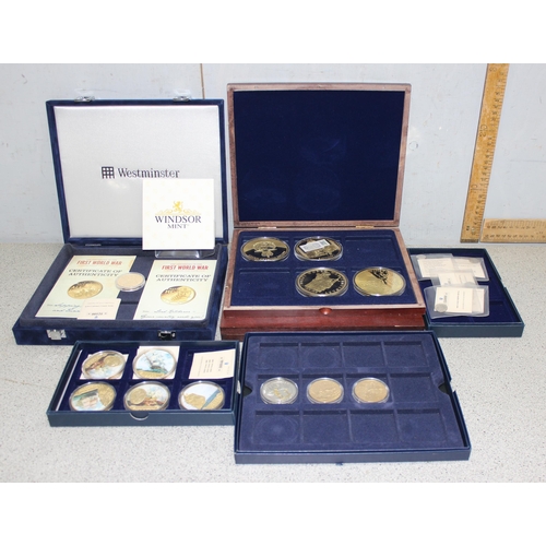 1236 - Qty of assorted coins and medallions, some silver, large gold plated medallions etc mostly boxed