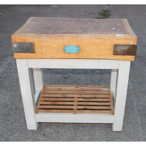 126 - A vintage butchers block table on wooden stand by Charles L Dix of Norwich, approx 77cm wide x 46cm ... 