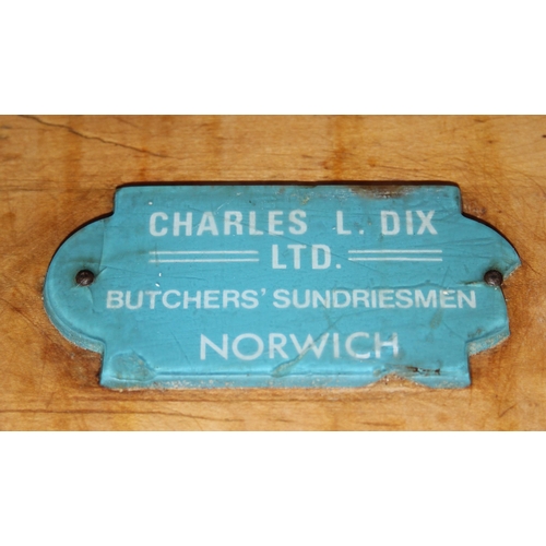 126 - A vintage butchers block table on wooden stand by Charles L Dix of Norwich, approx 77cm wide x 46cm ... 