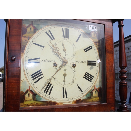 1308 - A large mahogany cased longcase clock with painted dial for J. Vickers of Lancaster, with weights an... 