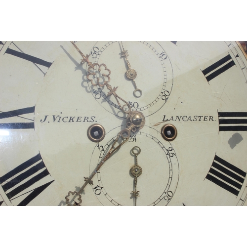 1308 - A large mahogany cased longcase clock with painted dial for J. Vickers of Lancaster, with weights an... 