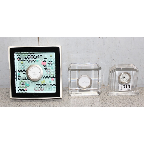 1313 - Three designer glass/lead crystal quartz clocks, Waterford, Jasper Conran and Space form of London