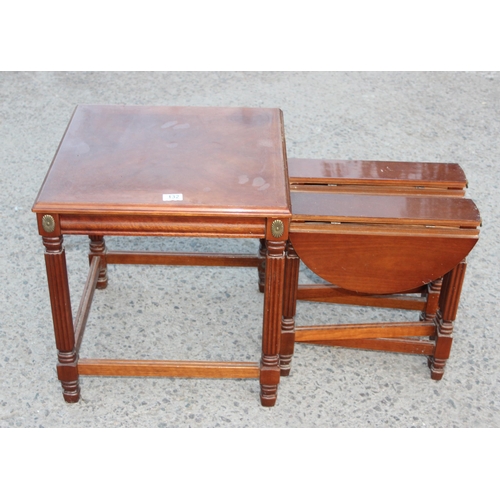 132 - Vintage wooden side table with 2 slide out round tables, the square table approx 50cm wide x 50cm de... 