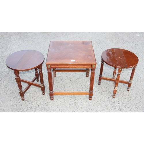 132 - Vintage wooden side table with 2 slide out round tables, the square table approx 50cm wide x 50cm de... 