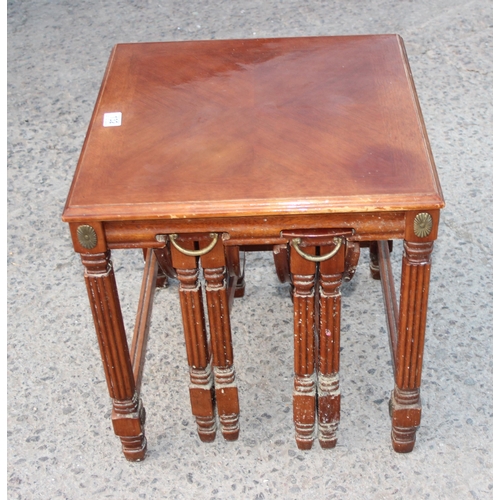 132 - Vintage wooden side table with 2 slide out round tables, the square table approx 50cm wide x 50cm de... 