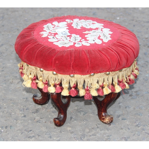 139 - Vintage tapestry topped foot stool formed from a large Chinese wooden vase stand, approx 28cm in dia... 