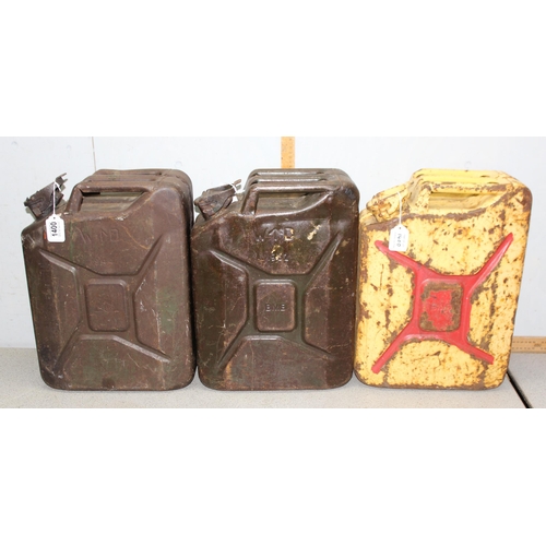 1458 - 3 x military fuel/jerry cans, one with stamped 1944