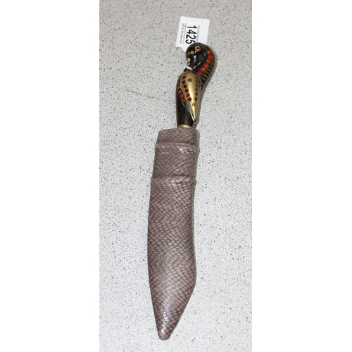 1425 - Lebanese bird-handled dagger in snakeskin sheath, blade approx 20cm