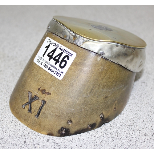 1446 - Brass and white metal capped horse hoof paperweight with branded identification number.