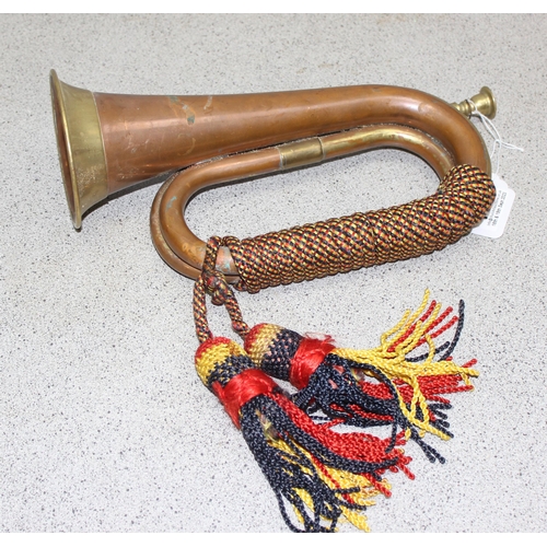 1448 - Vintage copper and brass bugle with ornamental braided cord and tassels