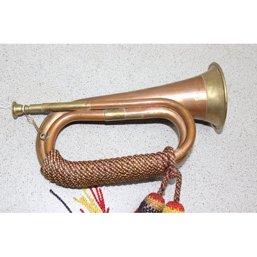 1448 - Vintage copper and brass bugle with ornamental braided cord and tassels