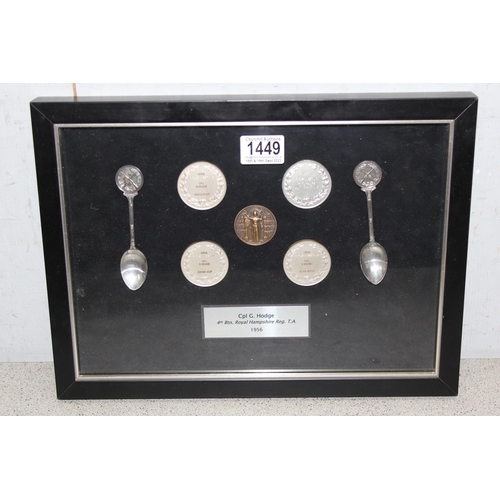 1449 - Framed and mounted silver plated rifle trophy items containing two spoons and five medals, Cpl G Hod... 