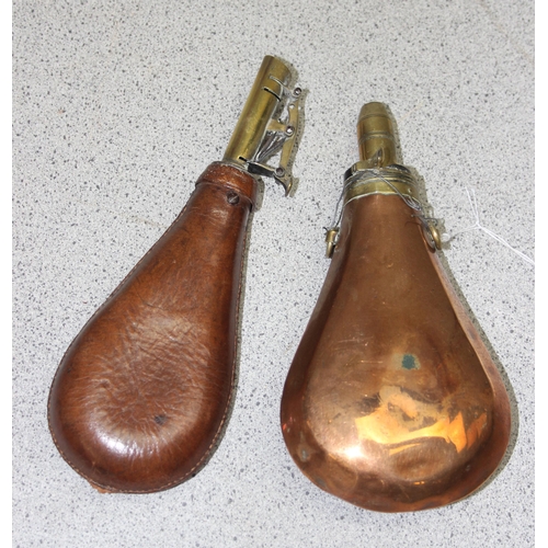 1456 - Brass & copper shot flask & leather shot flask