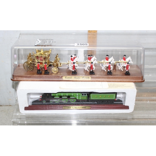 1505 - Boxed collectable model of the 'LNER Flying Scotsman' and a silver jubilee model coach and horse dis... 