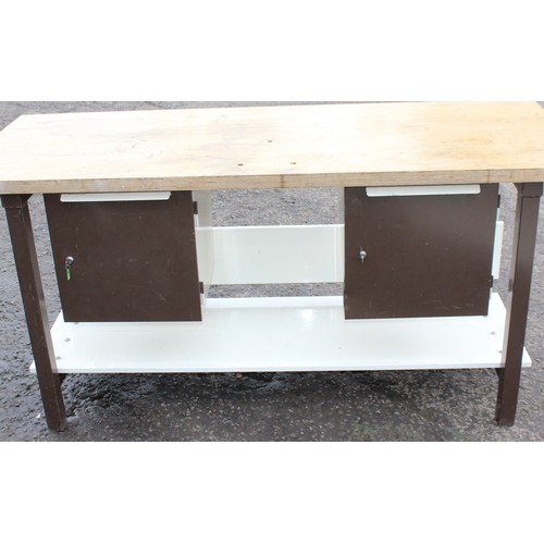 117 - A vintage heavy duty scientific workbench, previously from the ESSO research labs, approx 180cm wide... 