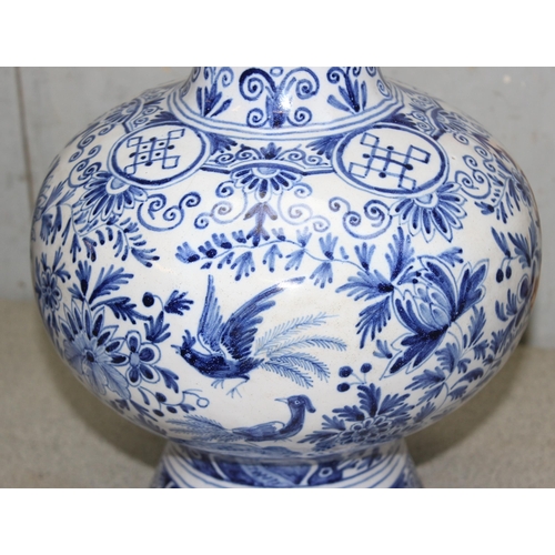 1619 - An extremely large pair of antique Dutch Delft pottery knob vases, decorated with birds and foliage,... 