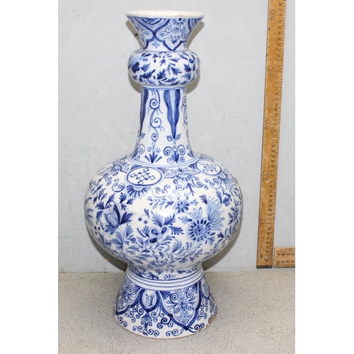 1619 - An extremely large pair of antique Dutch Delft pottery knob vases, decorated with birds and foliage,... 