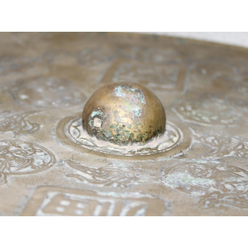 1622 - A large heavy Chinese polished bronze or brass mirror decorated with moulded characters to reverse, ... 