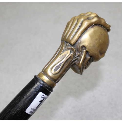 1628 - Steampunk solid brass skull and hand ebonised walking cane