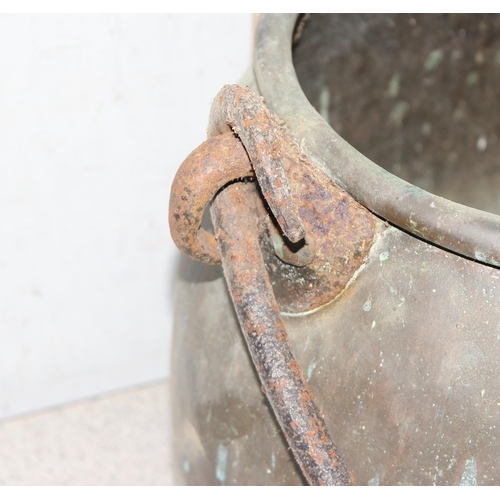 1719 - Copper cooking pot, approx 42cm wide and an antique miniature copper saucepan with lid, engraved wit... 