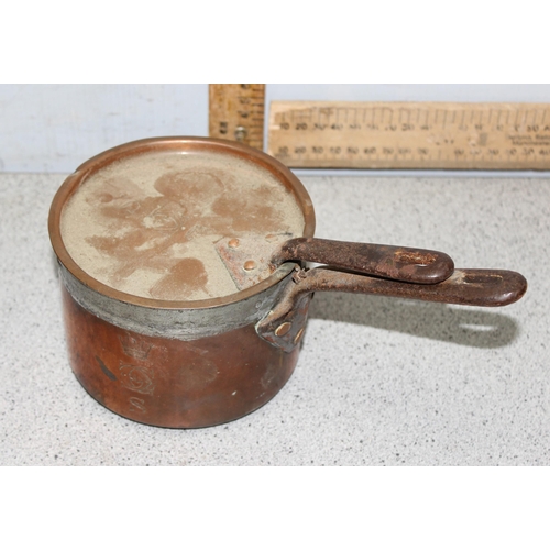 1719 - Copper cooking pot, approx 42cm wide and an antique miniature copper saucepan with lid, engraved wit... 