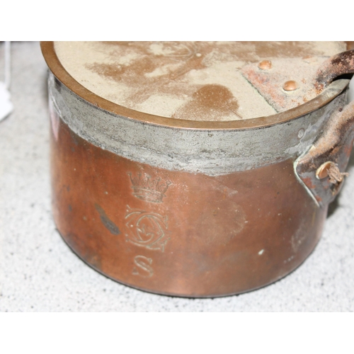 1719 - Copper cooking pot, approx 42cm wide and an antique miniature copper saucepan with lid, engraved wit... 