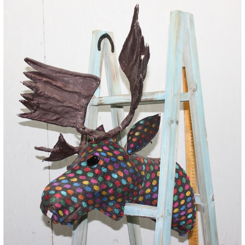 1745 - A small painted wooden ladder, an unusual moose head display, iron nut cracker and a wine bottle box... 