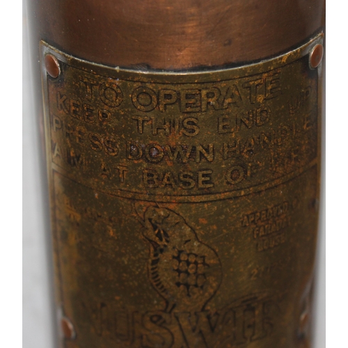 1760 - Nuswift pull release handle solid copper and brass bodied fire extinguisher in emptied condition