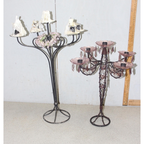 1789 - 2 metal candelabras with bead/droplet details, tallest approx 63cm