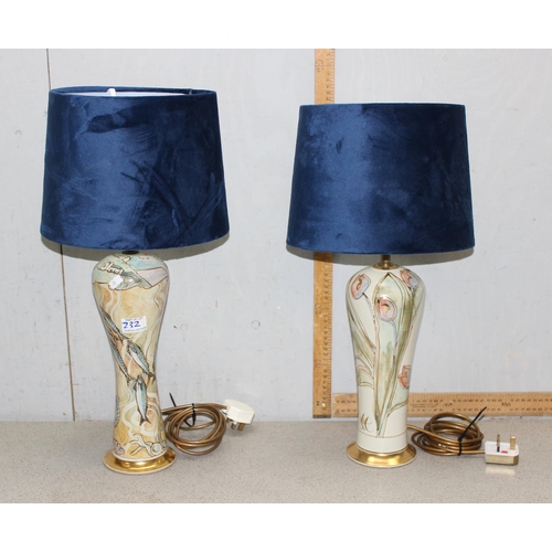 232 - 2 x Port Isac studio pottery lamps by Michael & Barbara Hawkins with blue shades, one with tulip des... 