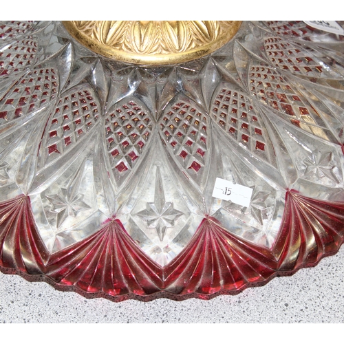 233 - Early 20th century ruby flashed/cranberry cut glass ceiling shade with dual-bulb gilt fittings, appr... 