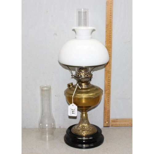 244 - Vintage oil lamp with white glass shade, approx 60cm