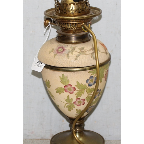 246 - Converted to electricity Messengers oil lamp with floral decoration with glass shade, approx 38cm