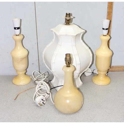 254 - 4 lamp bases to incl 3 alabaster and a large ceramic example, tallest approx 47cm