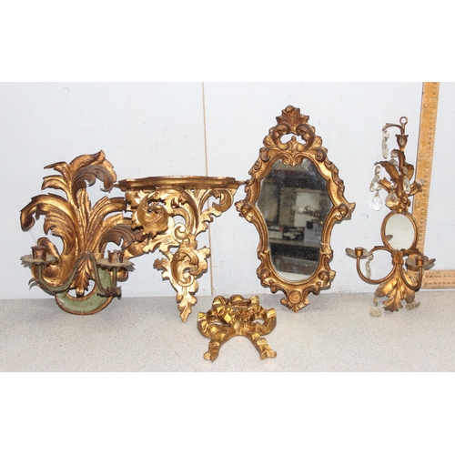 255 - Mixed lot to incl carved gilt wood wall plaques/brackets, gilt metal candle wall sconces, and a gilt... 