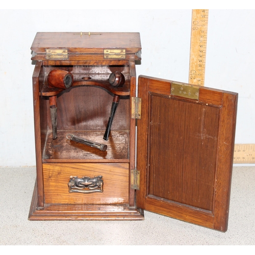 271 - Art Nouveau oak smokers cabinet with 2 pipes and a pipe tamper, approx 27cm tall x 19cm deep x 21cm ... 