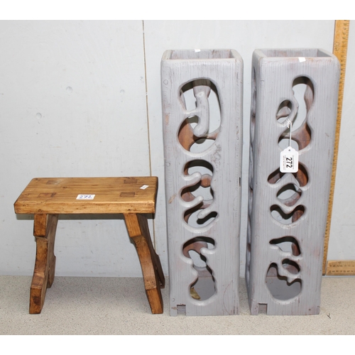 272 - Pair of painted grey stick stands (approx 60cm) and a pine milking stool (3)