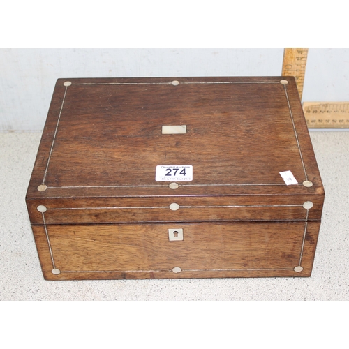 274 - Antique Rosewood jewellery box with satin interior, mother-of-pearl inlay and escutcheon, approx 30c... 