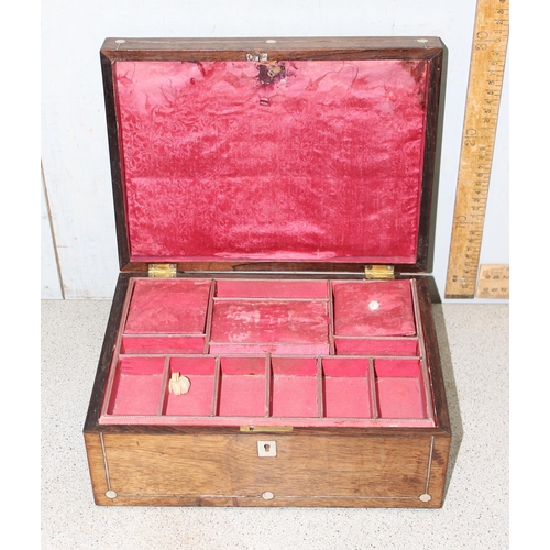 274 - Antique Rosewood jewellery box with satin interior, mother-of-pearl inlay and escutcheon, approx 30c... 