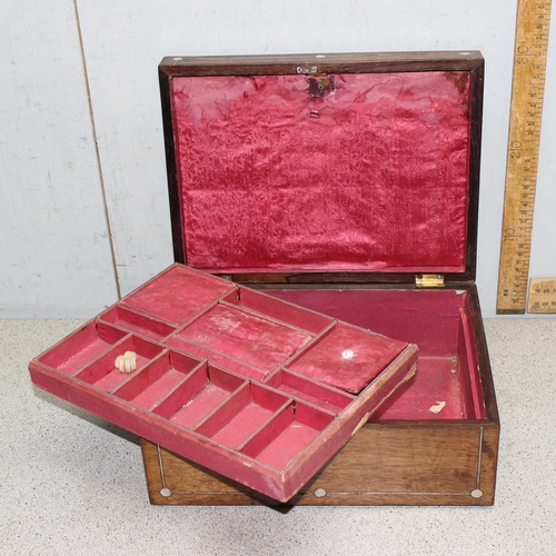 274 - Antique Rosewood jewellery box with satin interior, mother-of-pearl inlay and escutcheon, approx 30c... 