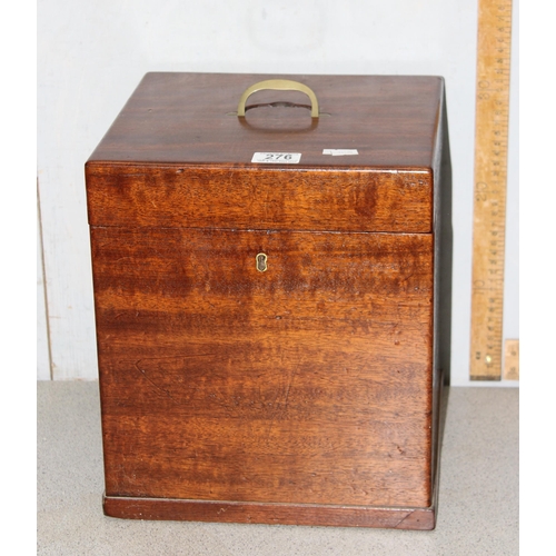 276 - An antique mahogany decanter box, lacking decanters, with campaign style brass handle, approx 28cm w... 