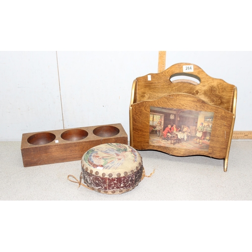 284 - Vintage magazine rack, plant pot holder and a drum