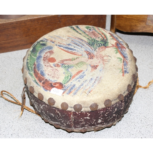 284 - Vintage magazine rack, plant pot holder and a drum