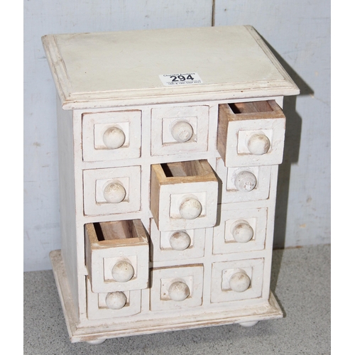 294 - Small painted wooden 12-drawer storage chest (24cm W x 30cm H x 18cm D) and a wooden box with sewing... 